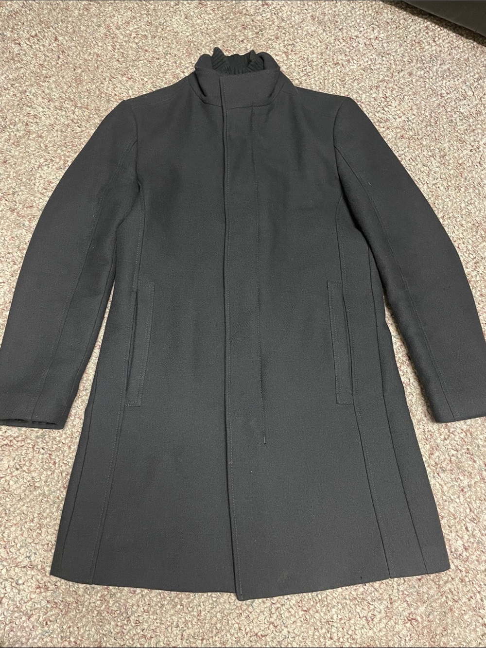 Zara Men's Black knit high neck Collar dress Coat with 2 zip layers